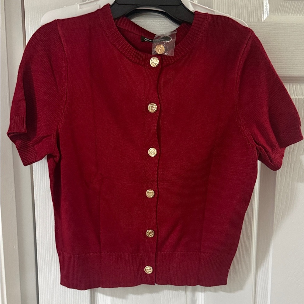 Elegant Red Women's Cardigan with Gold Buttons